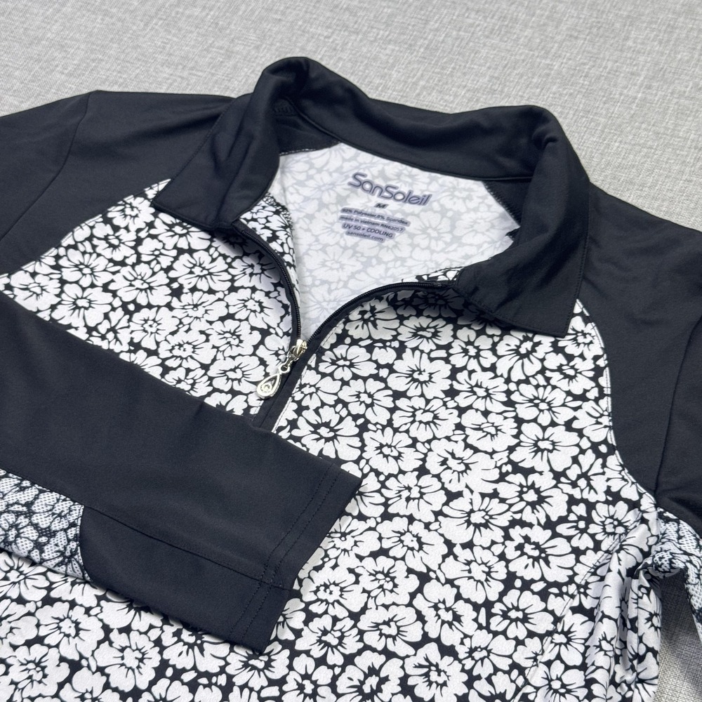 SanSoleil 1/4 Zip Golf Pullover Womens M Black Floral Long Sleeve UV 50+ Cooling